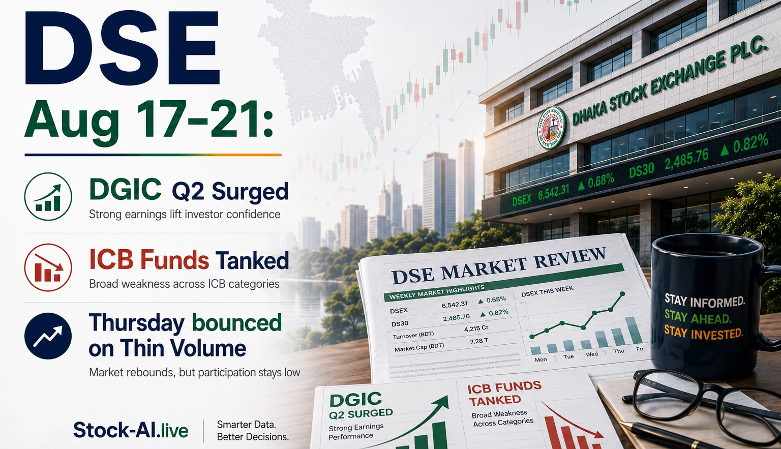 DSE Aug 17-21: DGIC Q2 Surged, ICB Funds Tanked, Thursday Bounced on Thin Volume