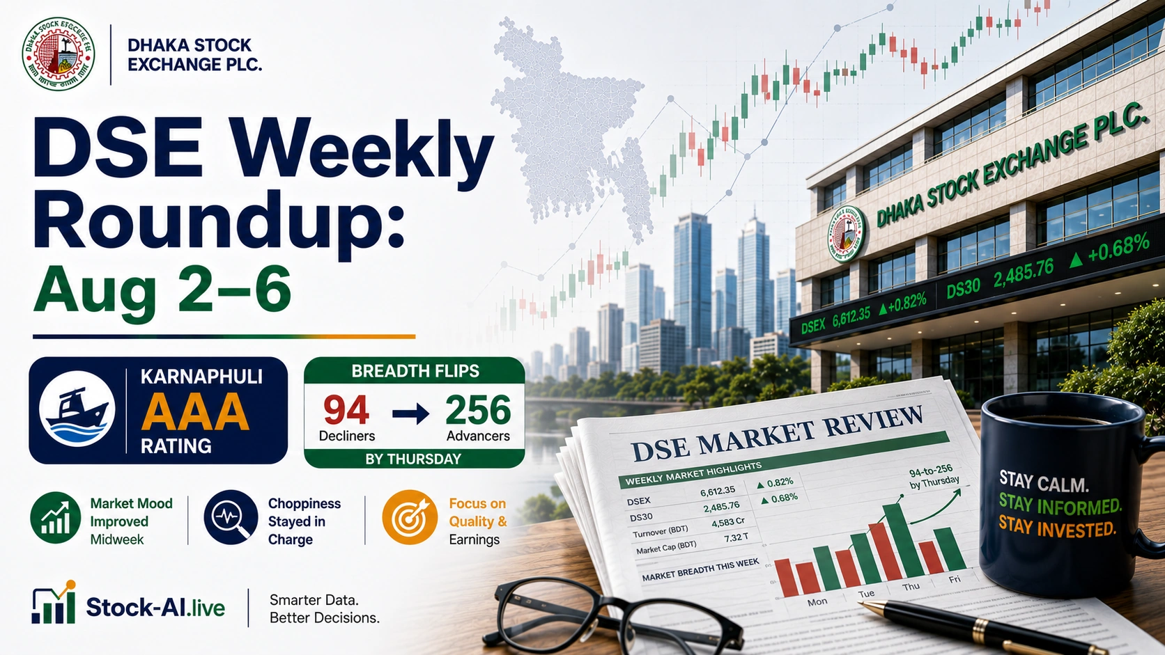 DSE Weekly Roundup: Aug 2-6 - KARNAPHULI AAA Rating; Breadth Flips 94-to-256 by Thursday