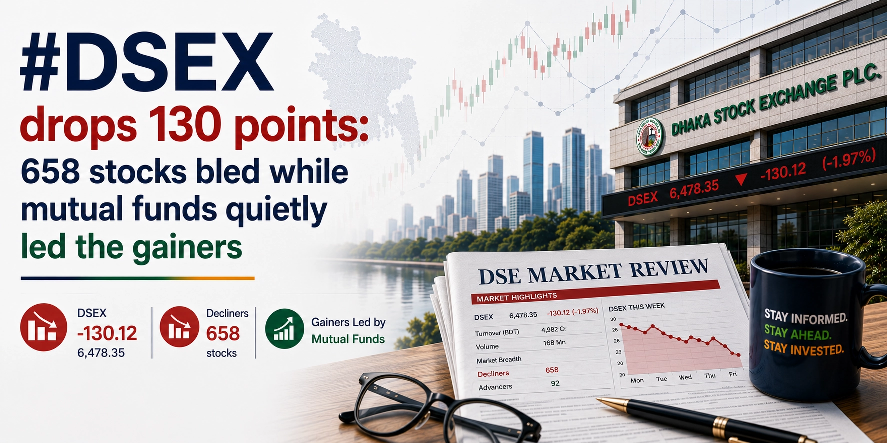 DSEX drops 130 points: 658 stocks bled while mutual funds quietly led the gainers